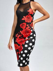 SHEIN Clasi 印花嵌入網紗下擺開叉繞頸緊身洋裝 - 黑色 - 查看 3