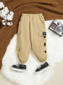 SHEIN Baby Boy Letter Patched Detail Flap Pocket Cargo Pants - Khaki - View 1