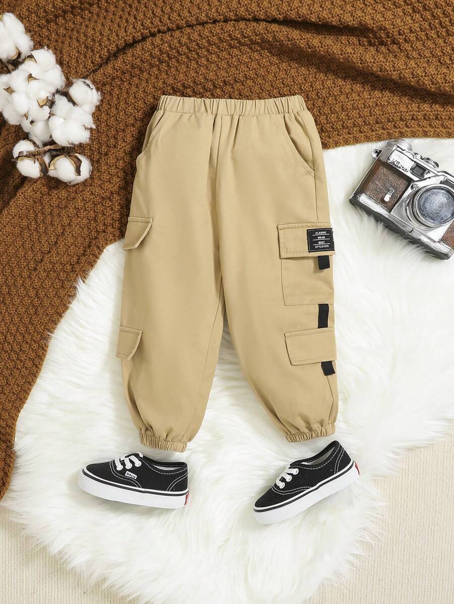 SHEIN Baby Boy Letter Patched Detail Flap Pocket Cargo Pants - Khaki - View 1
