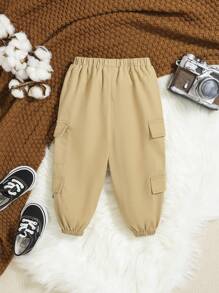 SHEIN Baby Boy Letter Patched Detail Flap Pocket Cargo Pants - Khaki - View 2