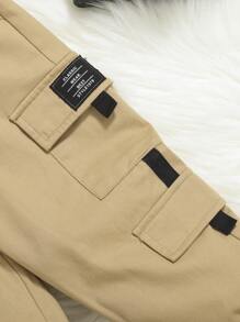 SHEIN Baby Boy Letter Patched Detail Flap Pocket Cargo Pants - Khaki - View 3