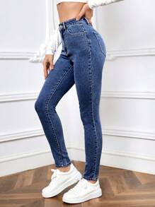 SHEIN EZwear 高腰緊身牛仔褲 - 藏蓝色 - 查看 2