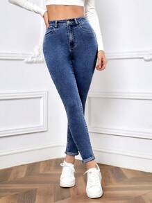 SHEIN EZwear 高腰緊身牛仔褲 - 藏蓝色 - 查看 4