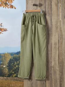 EMERY ROSE Knot Elastic Waist Pocket Patched Pants - Army Green - View 1