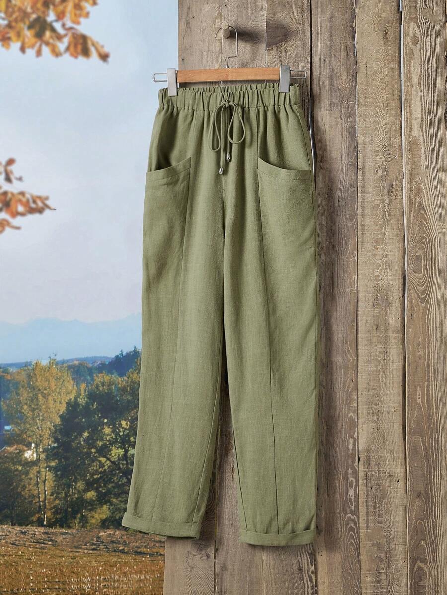 EMERY ROSE Knot Elastic Waist Pocket Patched Pants - Army Green - View 1