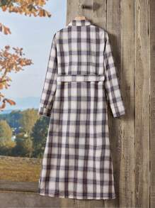 EMERY ROSE 格紋印花翻蓋細節腰帶襯衫洋裝 - 彩色 - 查看 2