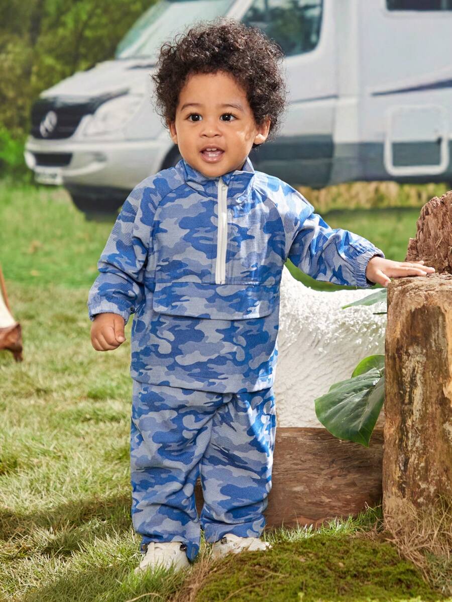 SHEIN Baby Girl Camo Print Raglan Sleeve Half Zip Top & Pants - Blue - View 1