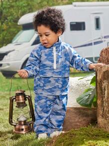 SHEIN Baby Girl Camo Print Raglan Sleeve Half Zip Top & Pants - Blue - View 3