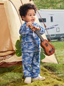 SHEIN Baby Girl Camo Print Raglan Sleeve Half Zip Top & Pants - Blue - View 5