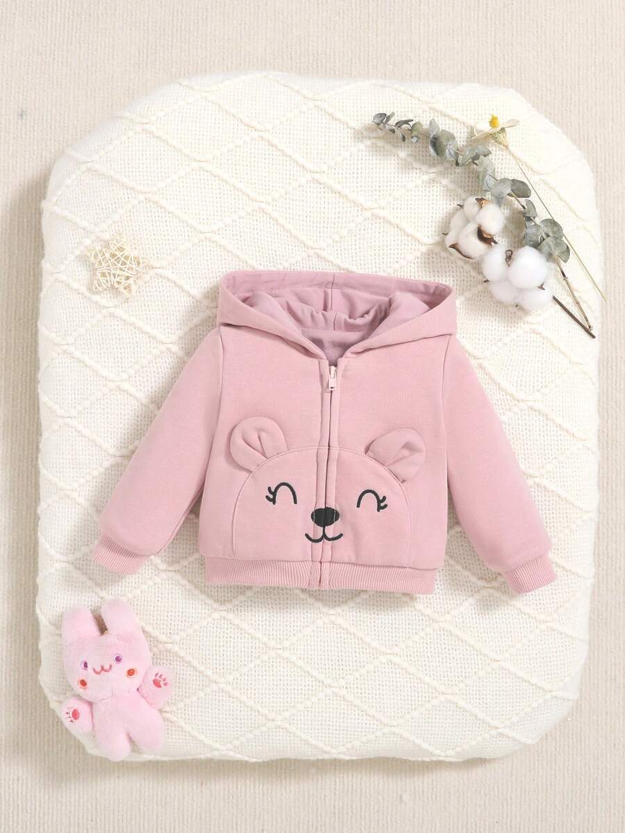 SHEIN Baby Girl Cartoon Embroidery 3D Ears Design Hoodie