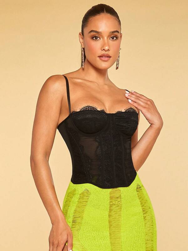 Silquee Top de tirantes bustier ribete con encaje