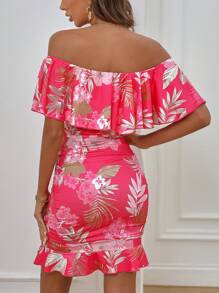 Selianne Tropical Print Off Shoulder Ruffle Trim Ruched Bodycon Dress Vacation Beach Outfits Women - Hot Pink - View 2
