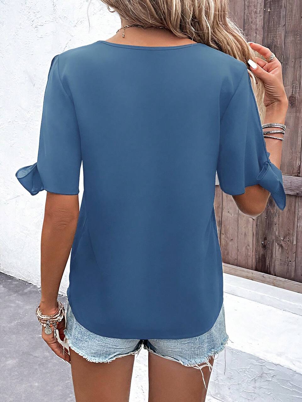 Guipure Lace Panel Split Sleeve Knot Cuff Blouse