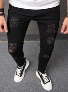 Manfinity LEGND Men Ripped Skinny Jeans Slim Fit Long Frayed Jean Cargo Plain Black Vacation Street Wear Friends