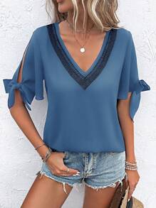SHEIN LUNE Guipure Lace Panel Split Sleeve Knot Cuff Blouse - Blue - View 3