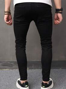 Manfinity LEGND Men Ripped Skinny Jeans Slim Fit Long Frayed Jean Cargo Plain Black Vacation Street Wear Friends