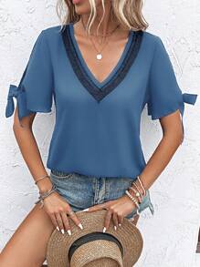 SHEIN LUNE Guipure Lace Panel Split Sleeve Knot Cuff Blouse - Blue - View 4