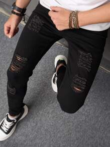 Manfinity LEGND Men Ripped Skinny Jeans Slim Fit Long Frayed Jean Cargo Plain Black Vacation Street Wear Friends