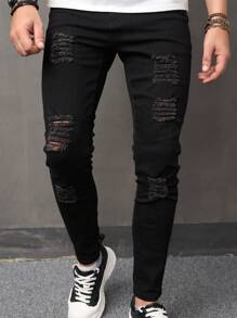 Manfinity LEGND Men Ripped Skinny Jeans Slim Fit Long Frayed Jean Cargo Plain Black Vacation Street Wear Friends