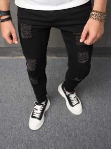 Manfinity LEGND Men Ripped Skinny Jeans Slim Fit Long Frayed Jean Cargo Plain Black Vacation Street Wear Friends