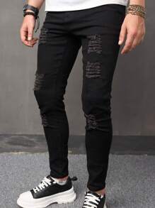 Manfinity LEGND Men Ripped Skinny Jeans Slim Fit Long Frayed Jean Cargo Plain Black Vacation Street Wear Friends