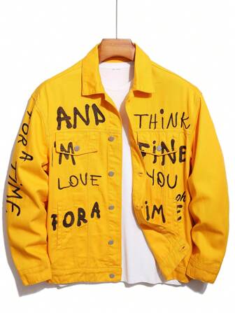 Manfinity Roghcode Men's Loose Fit Slogan Graphic Denim Jacket With Flap Pockets (Excluding T-Shirt)