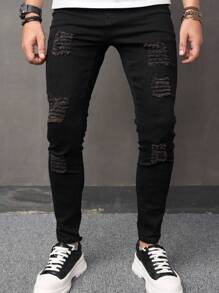 Manfinity LEGND Men Ripped Skinny Jeans Slim Fit Long Frayed Jean Cargo Plain Black Vacation Street Wear Friends
