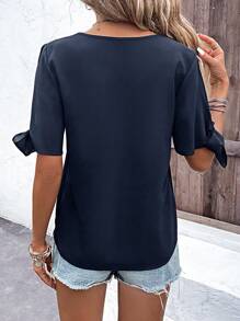 SHEIN LUNE Guipure Lace Panel Knot Cuff Split Sleeve Blouse - Navy Blue - View 2