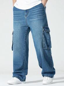 Manfinity Hypemode 男士大码側翻蓋口袋工裝牛仔褲 - 深色水洗藍 - 查看 1