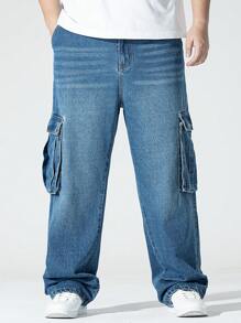 Manfinity Hypemode 男士大码側翻蓋口袋工裝牛仔褲 - 深色水洗藍 - 查看 3