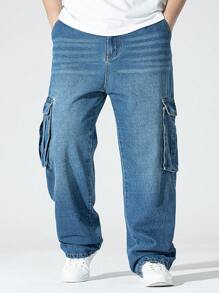 Manfinity Hypemode 男士大码側翻蓋口袋工裝牛仔褲 - 深色水洗藍 - 查看 4