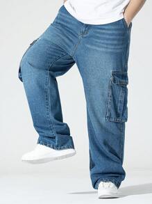 Manfinity Hypemode 男士大码側翻蓋口袋工裝牛仔褲 - 深色水洗藍 - 查看 5