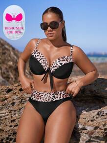Swim DD+ 豹紋聚攏比基尼泳裝 - 黑與白 - 查看 1