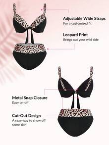 Swim DD+ 豹紋聚攏比基尼泳裝 - 黑與白 - 查看 3