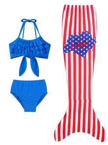 Conjunto de bikini con volantes para niña joven con tanga a rayas para el verano y la playa - Azul y blanco - Ver 1