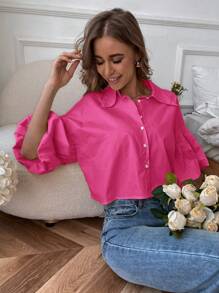 GENKIRA Chất rắn Nút phía trước Tay áo lồng đèn Áo sơ mi - Màu Hồng Tươi - Xem 4