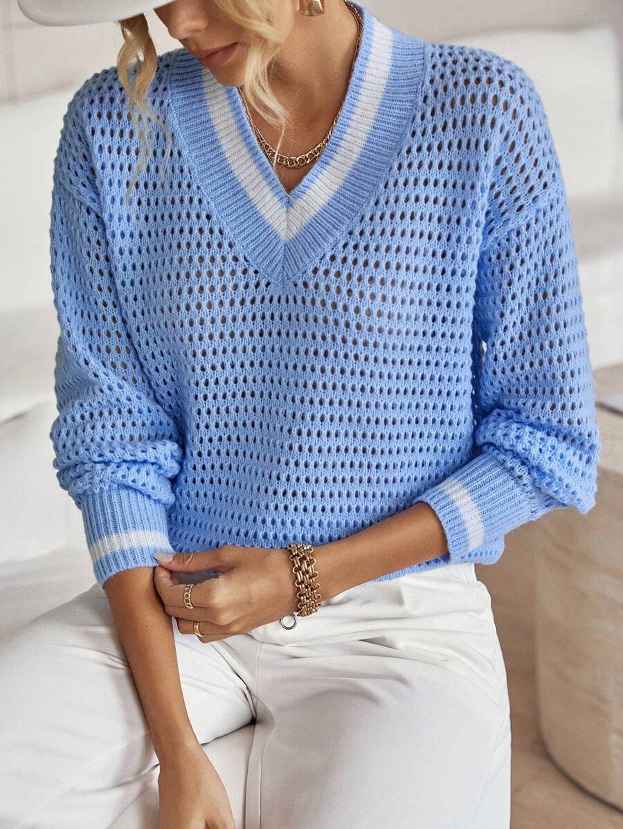 SHEIN LUNE 條紋飾邊落肩袖網眼針織套頭毛衣 - 淺藍色 - 查看 1