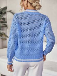 SHEIN LUNE 條紋飾邊落肩袖網眼針織套頭毛衣 - 淺藍色 - 查看 2