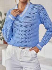 SHEIN LUNE 條紋飾邊落肩袖網眼針織套頭毛衣 - 淺藍色 - 查看 3