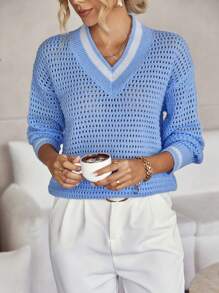 SHEIN LUNE 條紋飾邊落肩袖網眼針織套頭毛衣 - 淺藍色 - 查看 4