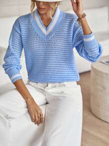 SHEIN LUNE 條紋飾邊落肩袖網眼針織套頭毛衣 - 淺藍色 - 查看 5