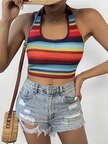 SHEIN VCAY Top halter crop con estampado de rayas - Multicolor - Ver 3