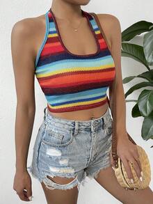 SHEIN VCAY Top halter crop con estampado de rayas - Multicolor - Ver 4