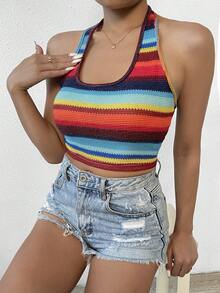 SHEIN VCAY Top halter crop con estampado de rayas - Multicolor - Ver 5