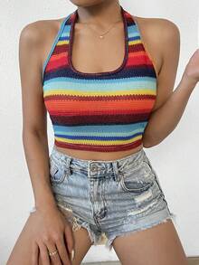 SHEIN VCAY Top halter crop con estampado de rayas - Multicolor - Ver 6