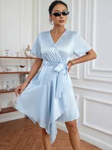 SHEIN Privé Solid Belted Asymmetrical Hem Dress - Baby Blue - View 5