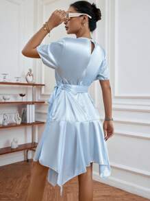 SHEIN Privé Solid Belted Asymmetrical Hem Dress - Baby Blue - View 2