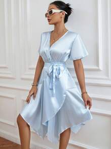 SHEIN Privé Solid Belted Asymmetrical Hem Dress - Baby Blue - View 3