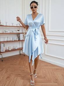 SHEIN Privé Solid Belted Asymmetrical Hem Dress - Baby Blue - View 4