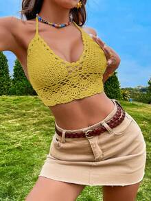 SHEIN WYWH 後背繫帶吊脖針織上衣 - 黃色 - 查看 3